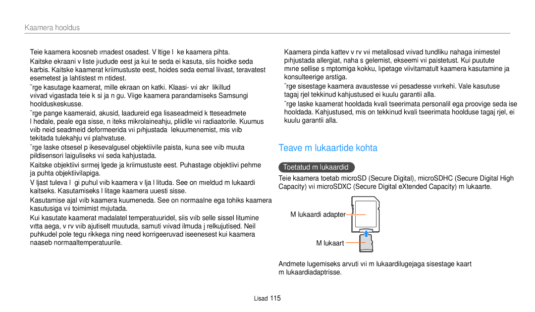 Samsung EC-WB50FZBPRE2, EC-WB50FZBPBE2, EC-WB50FZBPWE2 manual Teave mälukaartide kohta, Toetatud mälukaardid 