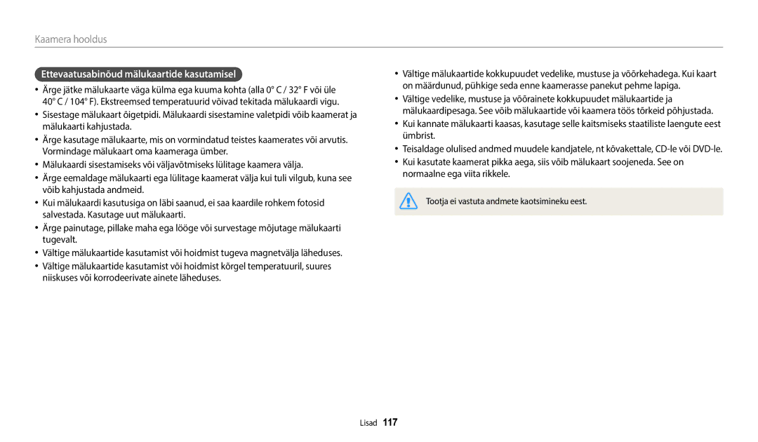 Samsung EC-WB50FZBPWE2, EC-WB50FZBPBE2, EC-WB50FZBPRE2 manual Ettevaatusabinõud mälukaartide kasutamisel 