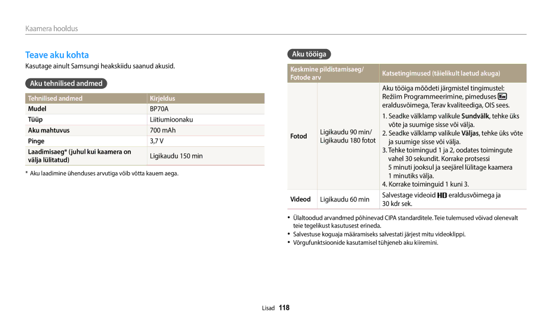 Samsung EC-WB50FZBPRE2, EC-WB50FZBPBE2, EC-WB50FZBPWE2 manual Teave aku kohta, Aku tehnilised andmed Aku tööiga 