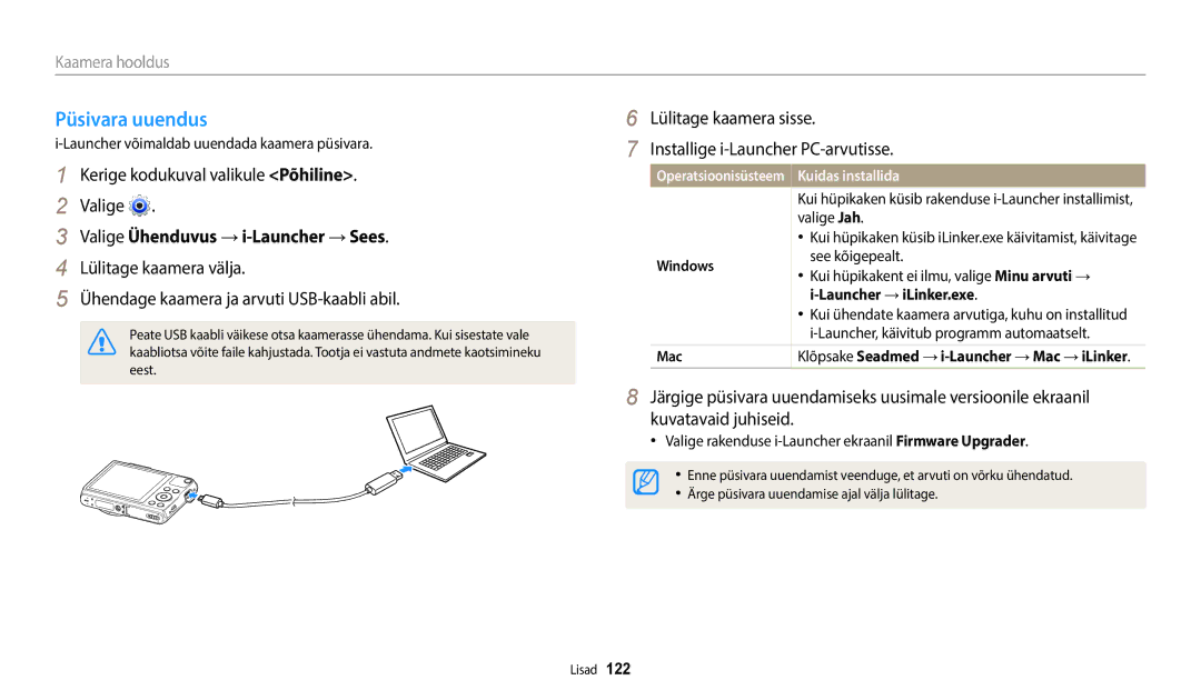 Samsung EC-WB50FZBPBE2 manual Püsivara uuendus, Valige Ühenduvus →i-Launcher →Sees, Operatsioonisüsteem Kuidas installida 