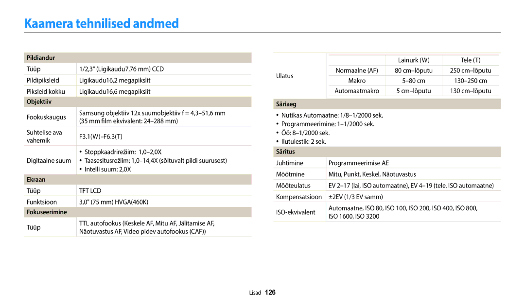 Samsung EC-WB50FZBPWE2, EC-WB50FZBPBE2, EC-WB50FZBPRE2 manual Kaamera tehnilised andmed 