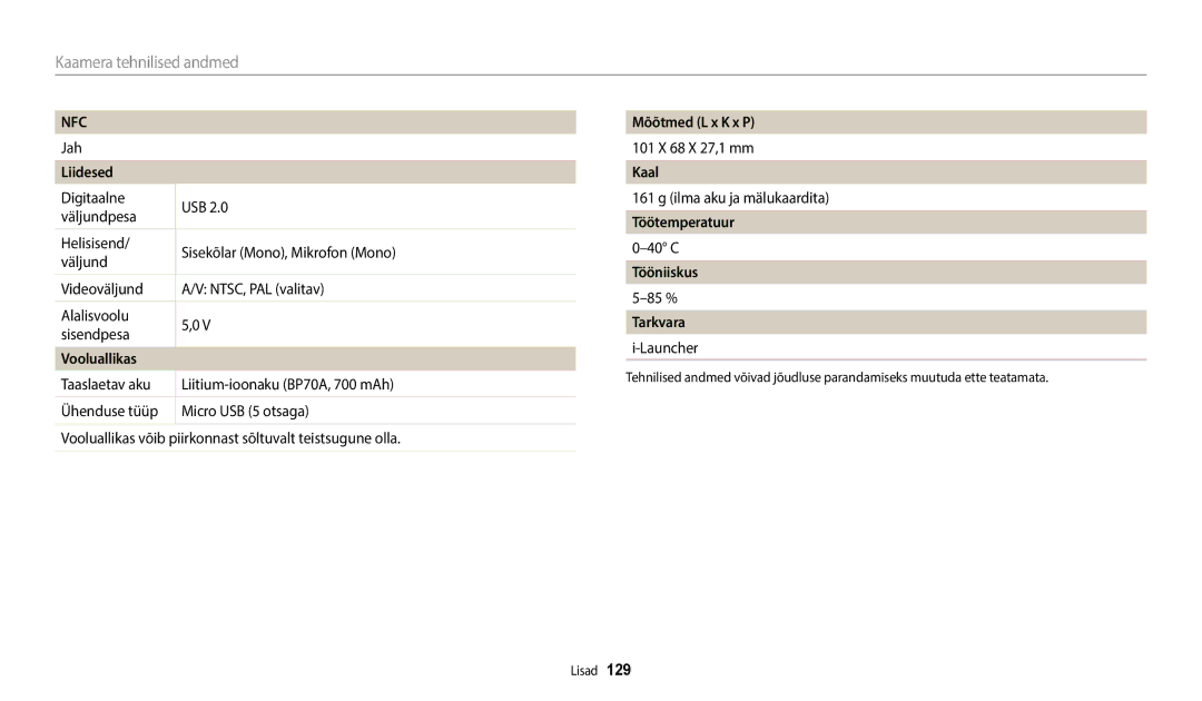 Samsung EC-WB50FZBPWE2 manual Liidesed, Vooluallikas, Mõõtmed L x K x P, Kaal, Töötemperatuur, Tööniiskus, Tarkvara 