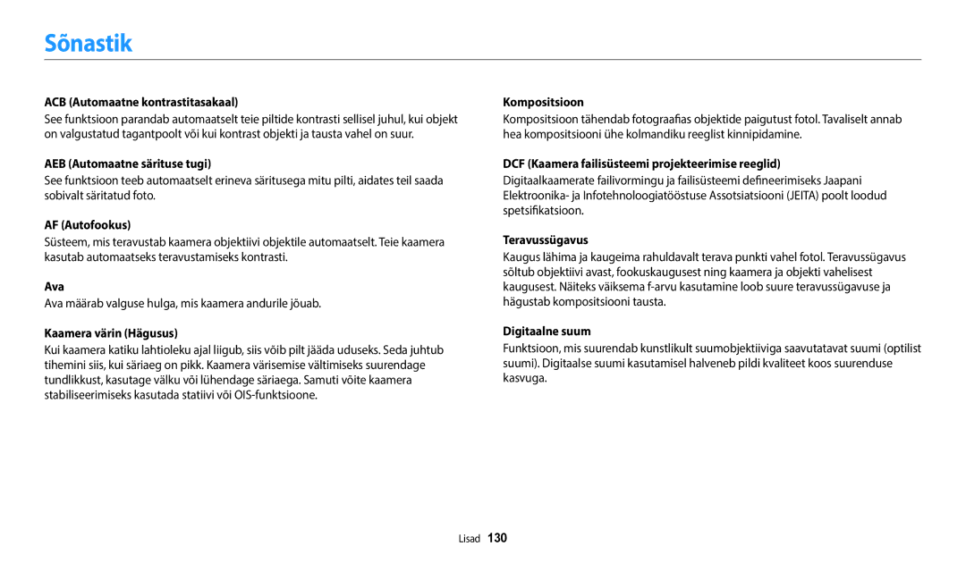 Samsung EC-WB50FZBPRE2, EC-WB50FZBPBE2, EC-WB50FZBPWE2 manual Sõnastik 