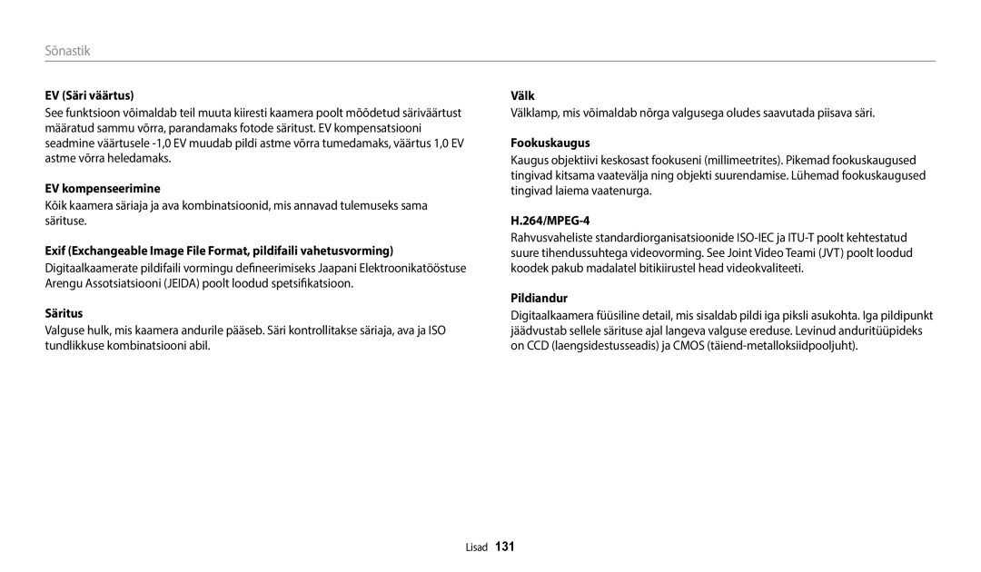 Samsung EC-WB50FZBPBE2, EC-WB50FZBPWE2 manual Sõnastik, EV Säri väärtus, EV kompenseerimine, Fookuskaugus, 264/MPEG-4 