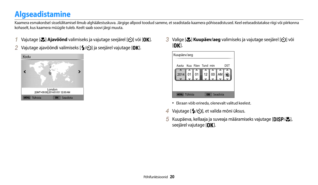 Samsung EC-WB50FZBPBE2, EC-WB50FZBPWE2 manual Algseadistamine, Vajutage ajavööndi valimiseks / ja seejärel vajutage 