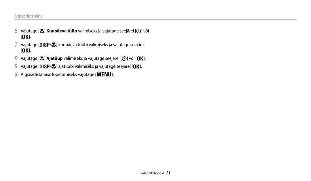 Samsung EC-WB50FZBPWE2, EC-WB50FZBPBE2, EC-WB50FZBPRE2 manual Algseadistamine 