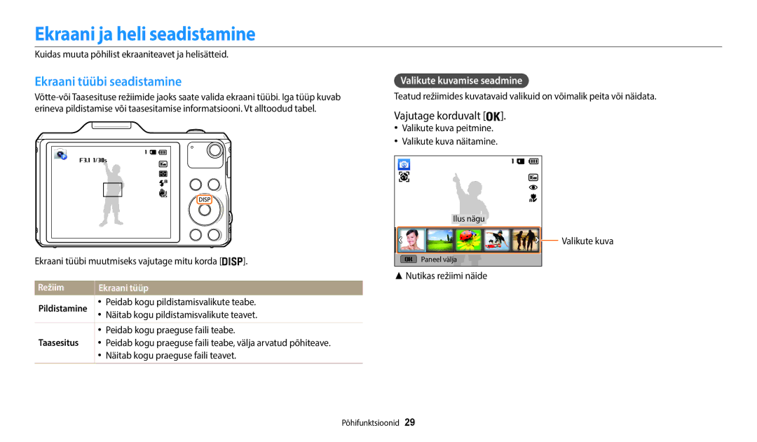 Samsung EC-WB50FZBPBE2 Ekraani ja heli seadistamine, Ekraani tüübi seadistamine, Vajutage korduvalt, Režiim Ekraani tüüp 