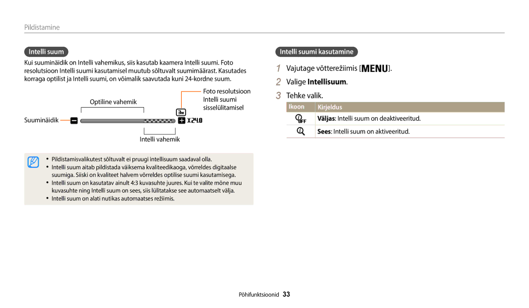 Samsung EC-WB50FZBPWE2, EC-WB50FZBPBE2 manual Vajutage võtterežiimis, Valige Intellisuum, Intelli suumi kasutamine 