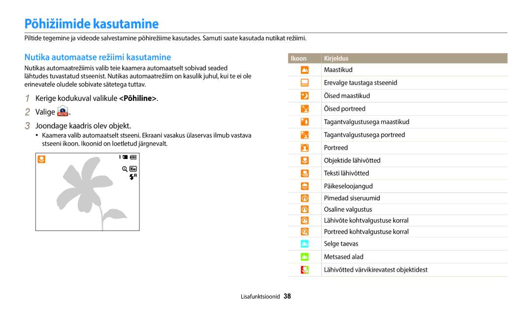 Samsung EC-WB50FZBPBE2, EC-WB50FZBPWE2, EC-WB50FZBPRE2 manual Põhižiimide kasutamine, Nutika automaatse režiimi kasutamine 