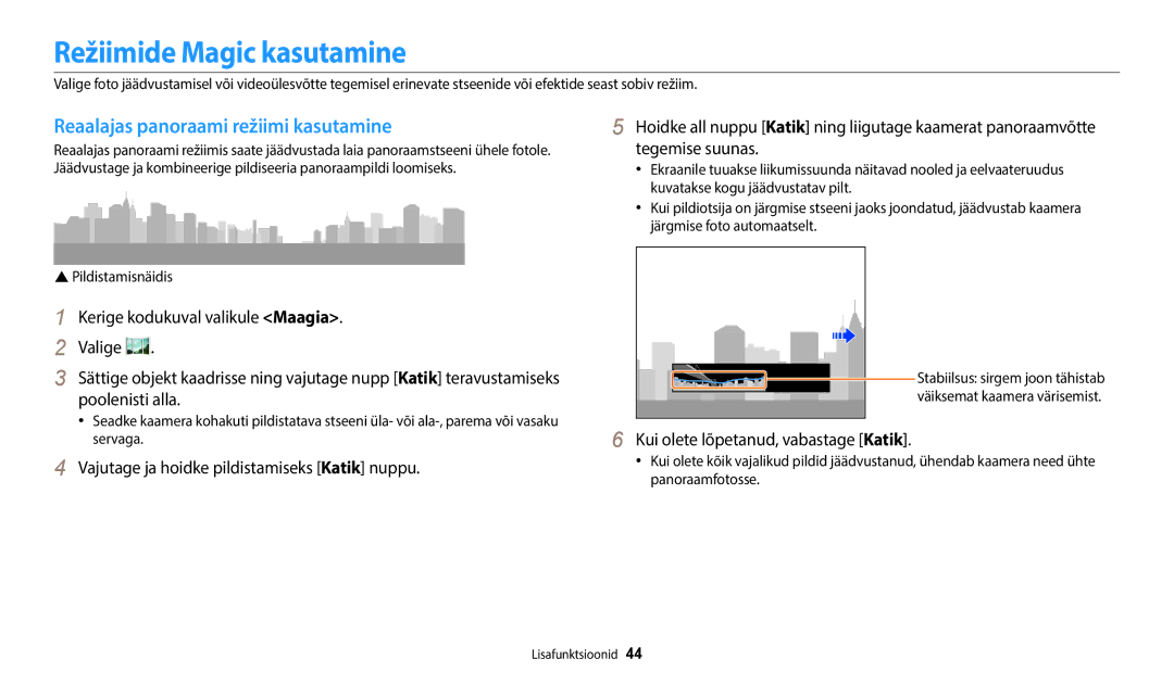 Samsung EC-WB50FZBPBE2, EC-WB50FZBPWE2, EC-WB50FZBPRE2 Režiimide Magic kasutamine, Reaalajas panoraami režiimi kasutamine 