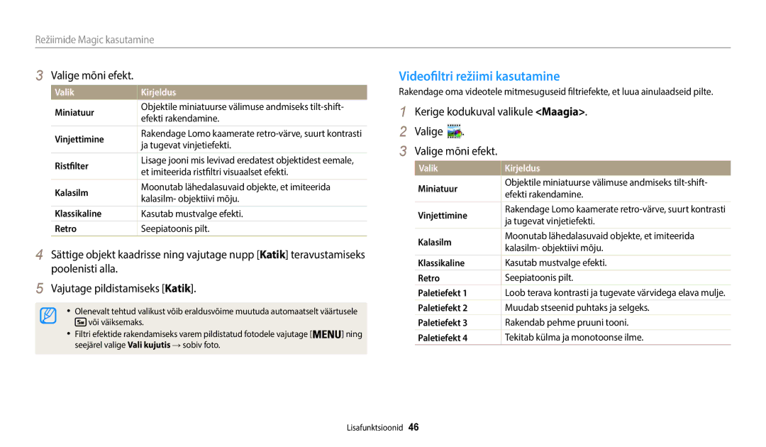 Samsung EC-WB50FZBPRE2, EC-WB50FZBPBE2, EC-WB50FZBPWE2 manual Videofiltri režiimi kasutamine, Valige mõni efekt 