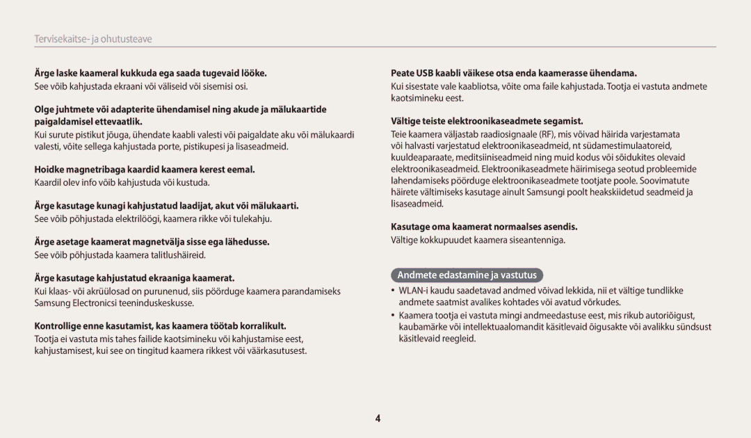 Samsung EC-WB50FZBPRE2, EC-WB50FZBPBE2, EC-WB50FZBPWE2 manual Andmete edastamine ja vastutus 