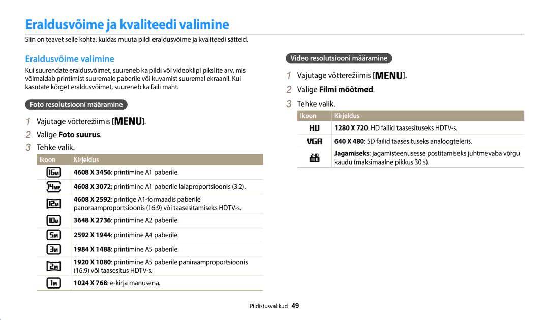 Samsung EC-WB50FZBPRE2, EC-WB50FZBPBE2 manual Eraldusvõime ja kvaliteedi valimine, Eraldusvõime valimine, Valige Foto suurus 