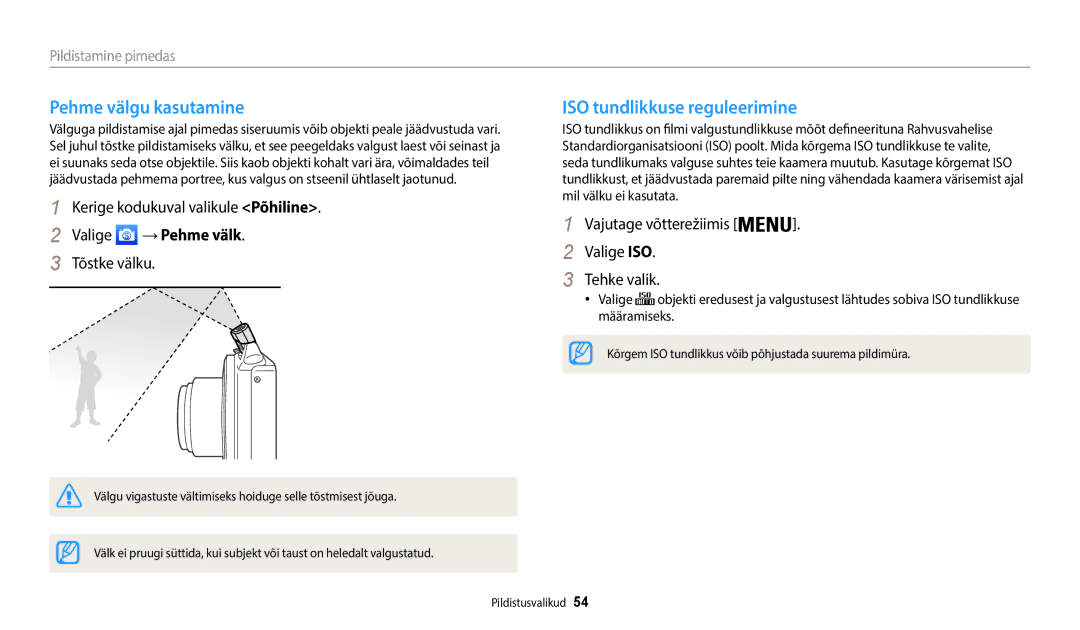 Samsung EC-WB50FZBPWE2, EC-WB50FZBPBE2, EC-WB50FZBPRE2 manual Pehme välgu kasutamine, ISO tundlikkuse reguleerimine 