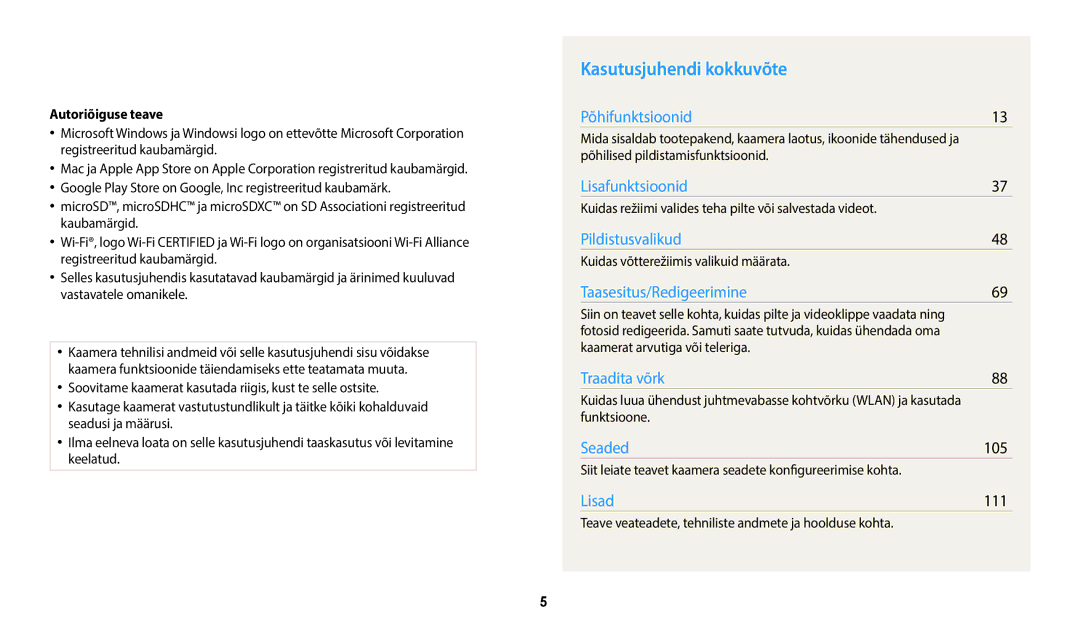 Samsung EC-WB50FZBPBE2, EC-WB50FZBPWE2, EC-WB50FZBPRE2 manual Kasutusjuhendi kokkuvõte, 105, 111, Autoriõiguse teave 