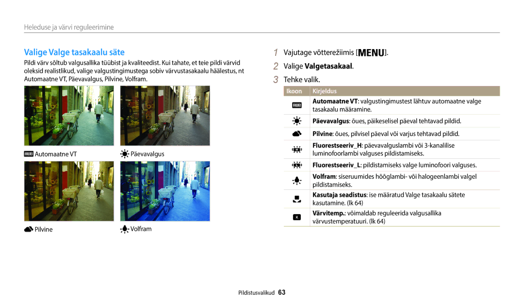 Samsung EC-WB50FZBPWE2, EC-WB50FZBPBE2, EC-WB50FZBPRE2 manual Valige Valge tasakaalu säte, Valige Valgetasakaal 