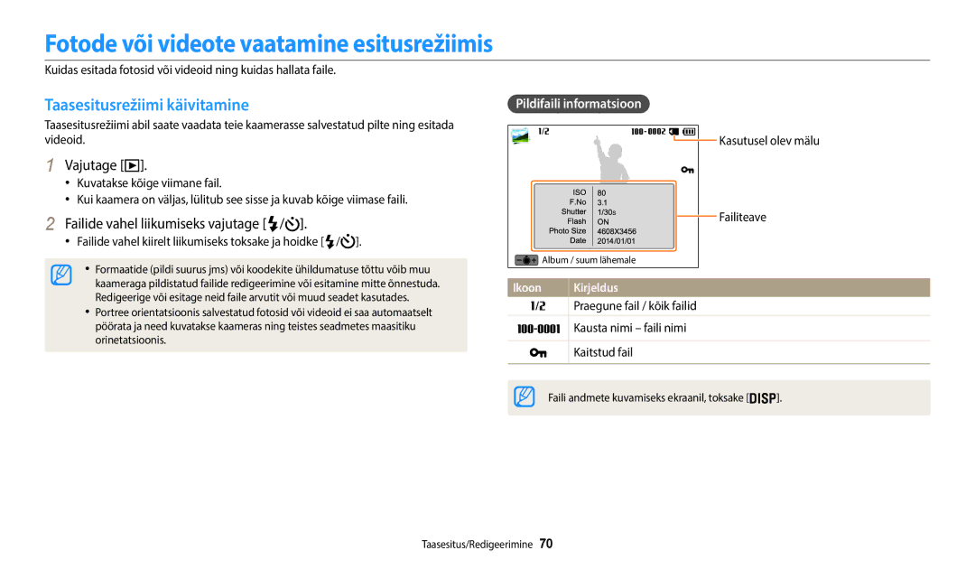 Samsung EC-WB50FZBPRE2, EC-WB50FZBPBE2 manual Fotode või videote vaatamine esitusrežiimis, Taasesitusrežiimi käivitamine 