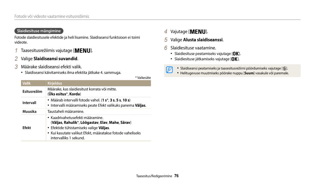 Samsung EC-WB50FZBPRE2 manual Valige Slaidiseansi suvandid, Määrake slaidiseansi efekti valik, Valige Alusta slaidiseanssi 