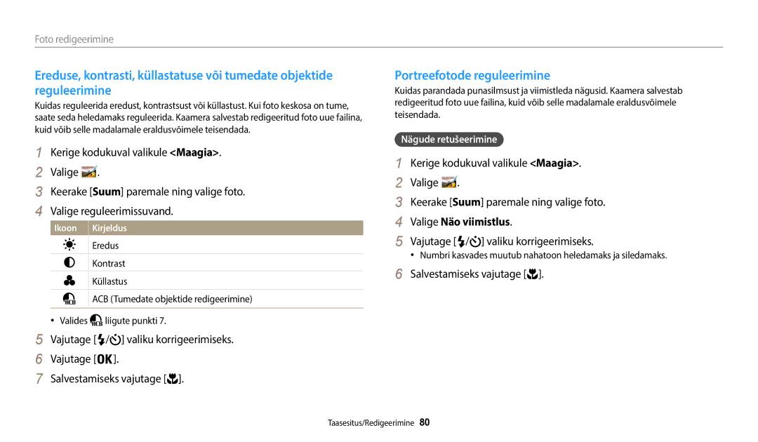 Samsung EC-WB50FZBPBE2 manual Portreefotode reguleerimine, Vajutage / valiku korrigeerimiseks Salvestamiseks vajutage 