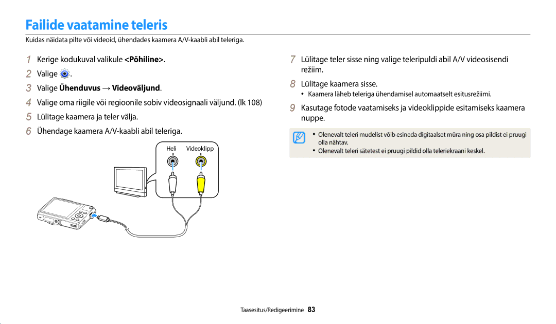 Samsung EC-WB50FZBPBE2, EC-WB50FZBPWE2, EC-WB50FZBPRE2 manual Failide vaatamine teleris, Valige Ühenduvus →Videoväljund 