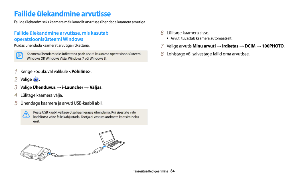 Samsung EC-WB50FZBPWE2, EC-WB50FZBPBE2, EC-WB50FZBPRE2 Failide ülekandmine arvutisse, Valige Ühenduvus →i-Launcher →Väljas 