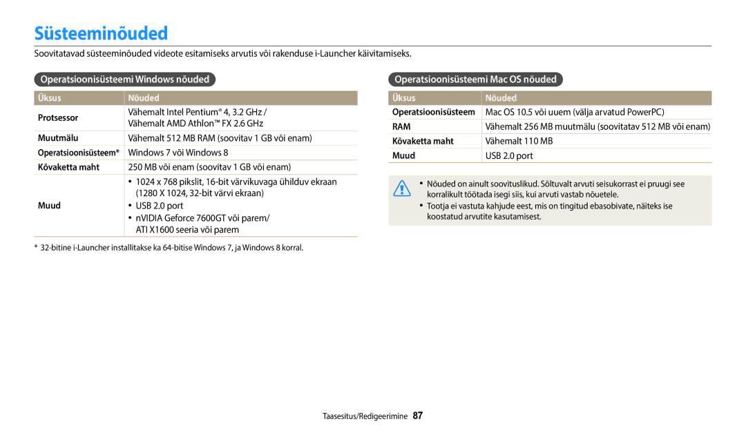 Samsung EC-WB50FZBPWE2 manual Süsteeminõuded, Operatsioonisüsteemi Windows nõuded, Operatsioonisüsteemi Mac OS nõuded 