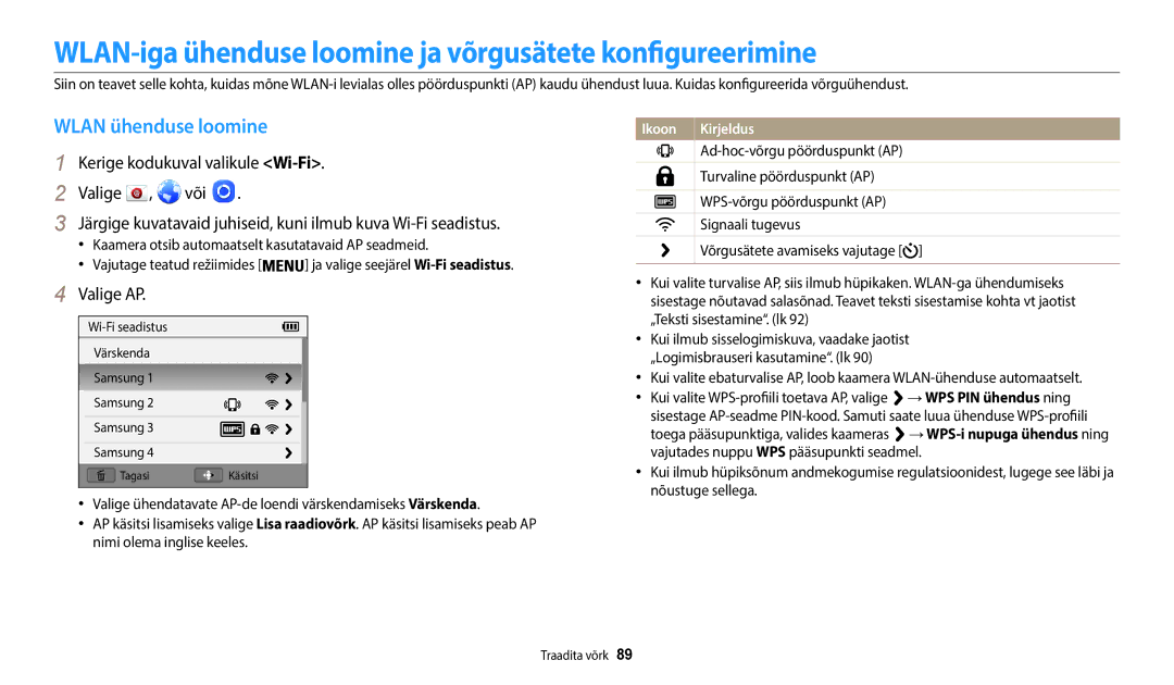 Samsung EC-WB50FZBPBE2 manual WLAN-iga ühenduse loomine ja võrgusätete konfigureerimine, Wlan ühenduse loomine, Valige AP 