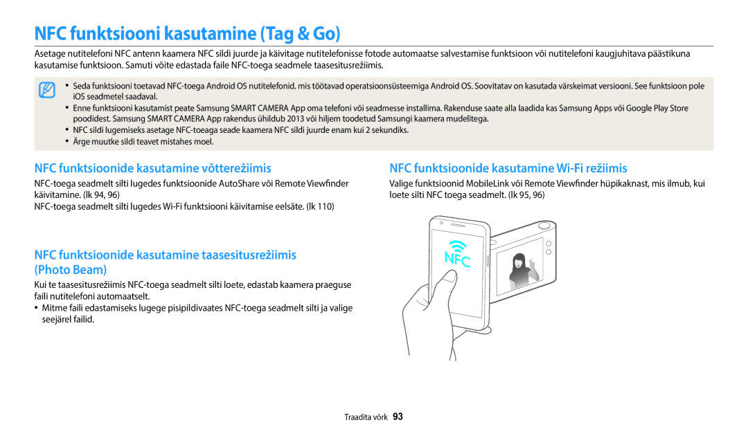 Samsung EC-WB50FZBPWE2, EC-WB50FZBPBE2 NFC funktsiooni kasutamine Tag & Go, NFC funktsioonide kasutamine võtterežiimis 