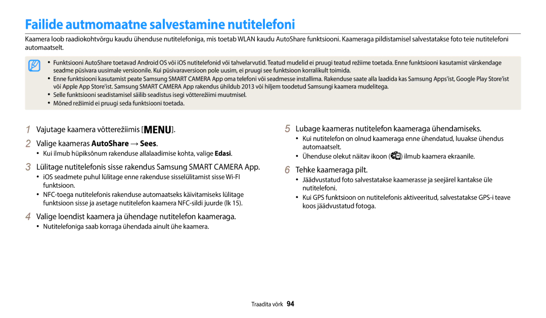 Samsung EC-WB50FZBPRE2 Failide autmomaatne salvestamine nutitelefoni, Lubage kaameras nutitelefon kaameraga ühendamiseks 