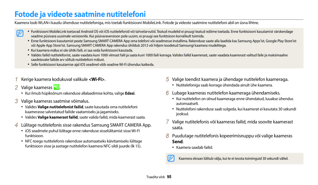 Samsung EC-WB50FZBPBE2 Fotode ja videote saatmine nutitelefoni, Kerige kaamera kodukuval valikule Wi-Fi Valige kaameras 