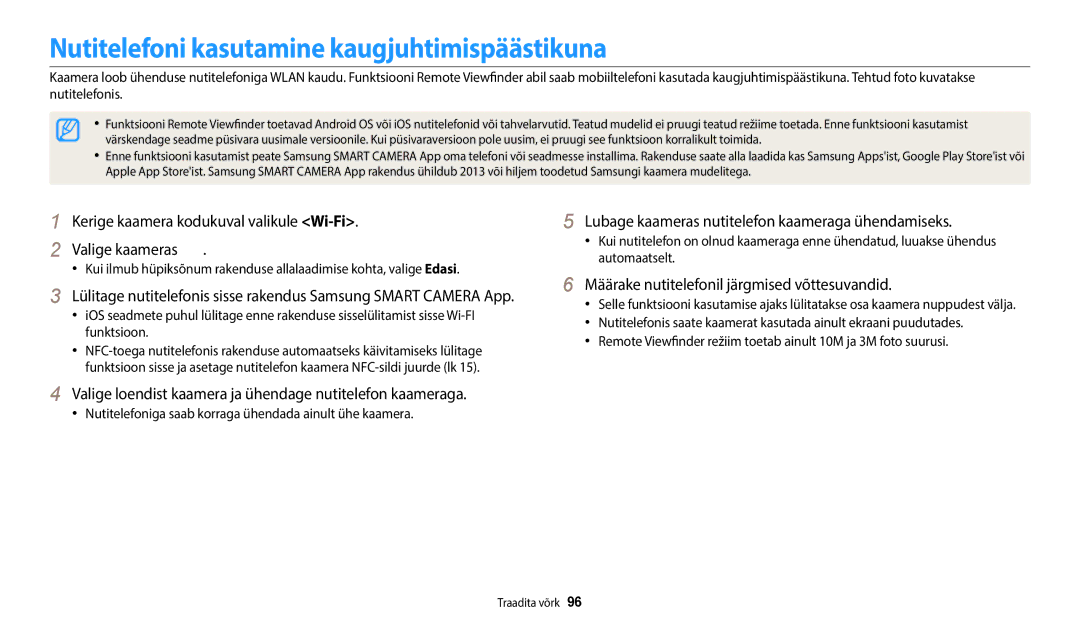 Samsung EC-WB50FZBPWE2 manual Nutitelefoni kasutamine kaugjuhtimispäästikuna, Määrake nutitelefonil järgmised võttesuvandid 