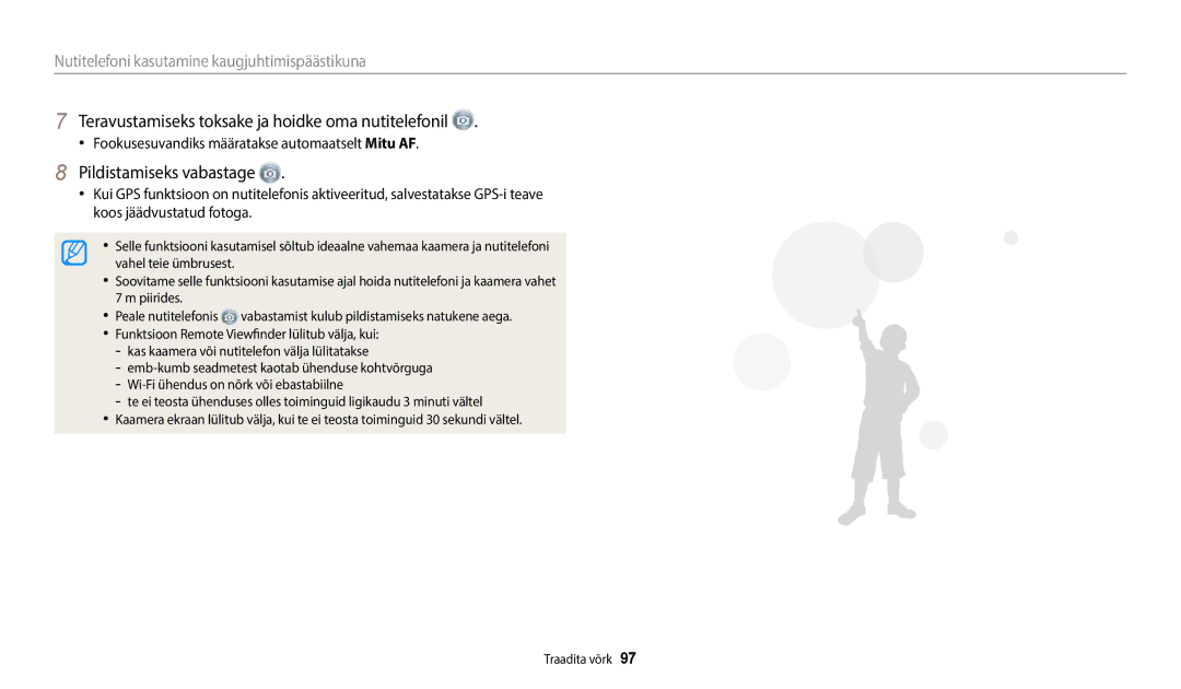 Samsung EC-WB50FZBPRE2, EC-WB50FZBPBE2 manual Teravustamiseks toksake ja hoidke oma nutitelefonil, Pildistamiseks vabastage 