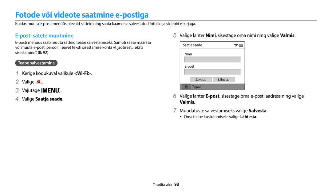 Samsung EC-WB50FZBPBE2 manual Fotode või videote saatmine e-postiga, Posti sätete muutmine, Valige Saatja seade, Valmis 