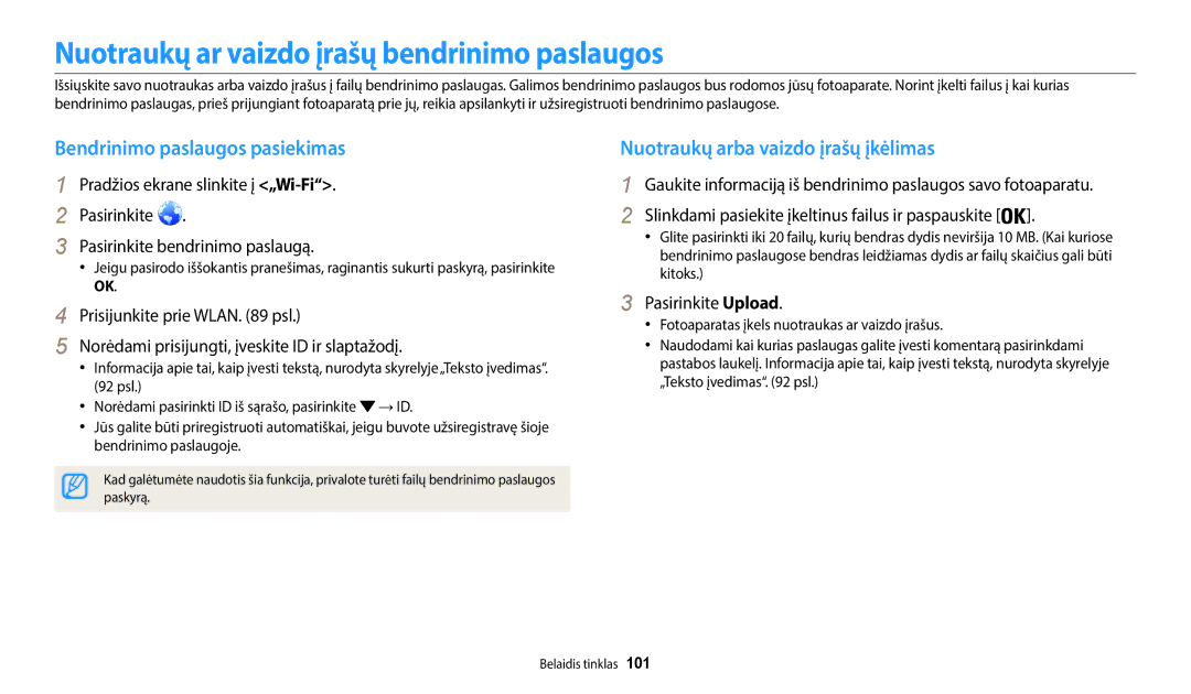 Samsung EC-WB50FZBPBE2 Nuotraukų ar vaizdo įrašų bendrinimo paslaugos, Bendrinimo paslaugos pasiekimas, Pasirinkite Upload 