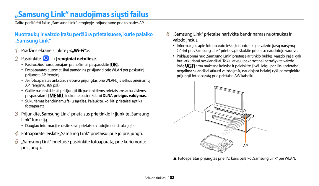 Samsung EC-WB50FZBPRE2, EC-WB50FZBPBE2 manual „Samsung Link naudojimas siųsti failus, Pradžios ekrane slinkite į „Wi-Fi 