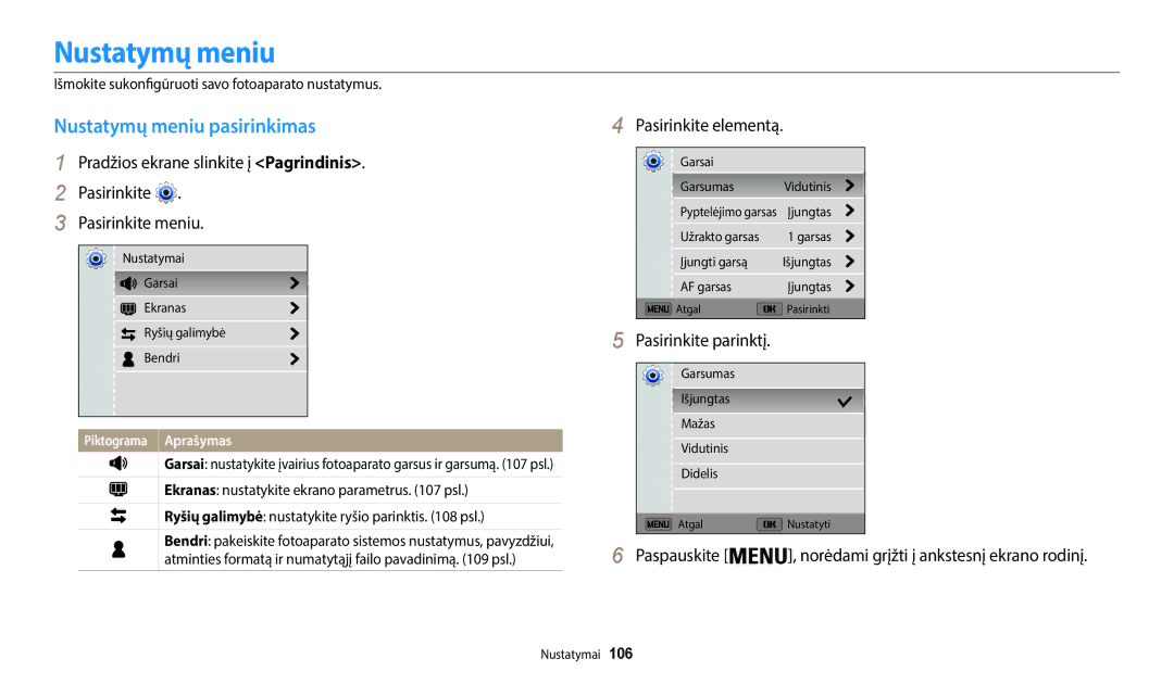 Samsung EC-WB50FZBPRE2, EC-WB50FZBPBE2, EC-WB50FZBPWE2 manual Nustatymų meniu pasirinkimas, Pasirinkite elementą 