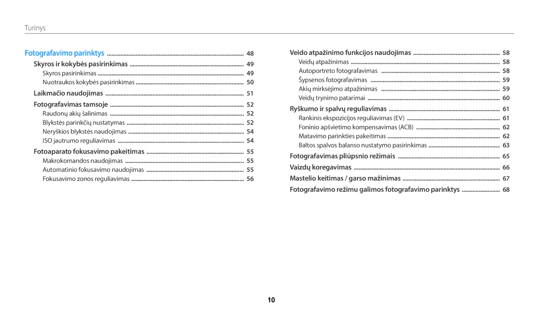 Samsung EC-WB50FZBPRE2, EC-WB50FZBPBE2, EC-WB50FZBPWE2 manual Turinys, Nuotraukos kokybės pasirinkimas 