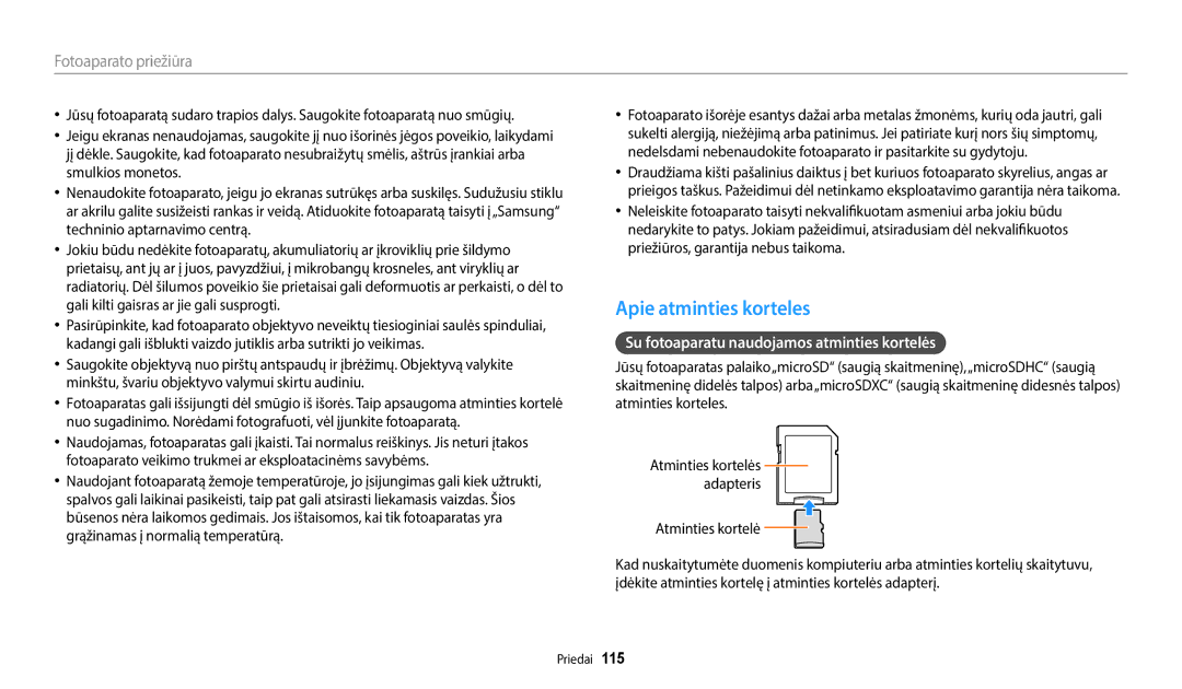 Samsung EC-WB50FZBPRE2, EC-WB50FZBPBE2 manual Apie atminties korteles, Su fotoaparatu naudojamos atminties kortelės 