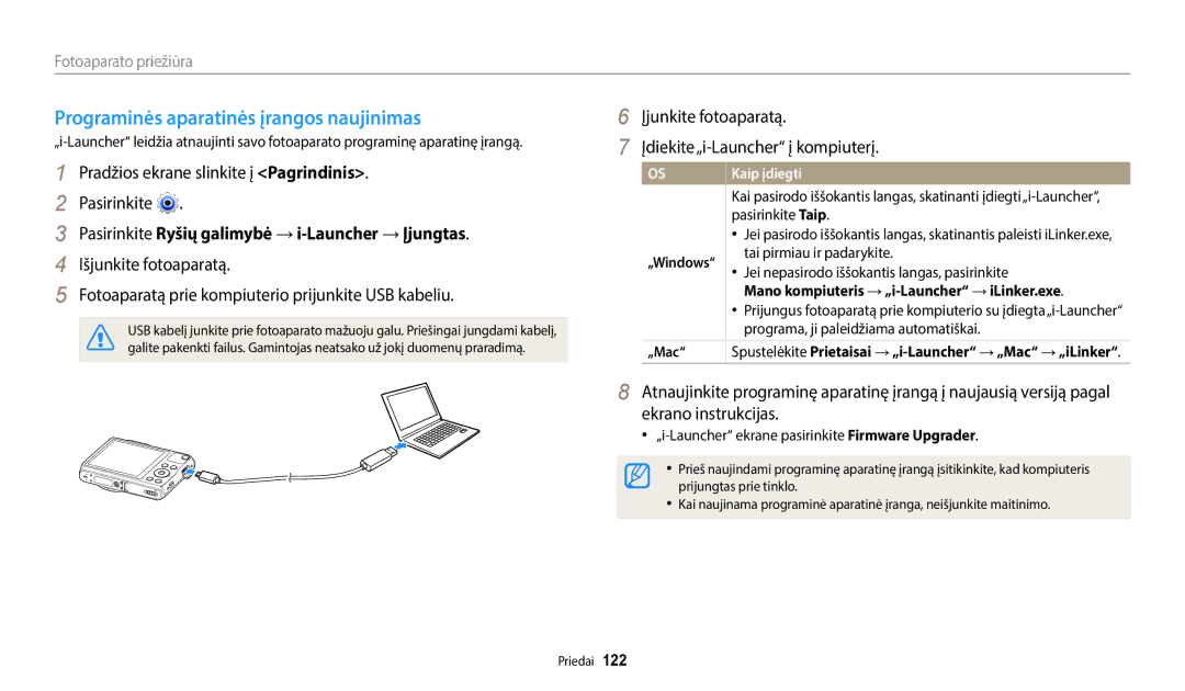 Samsung EC-WB50FZBPBE2 manual Programinės aparatinės įrangos naujinimas, Pasirinkite Ryšių galimybė →i-Launcher →Įjungtas 