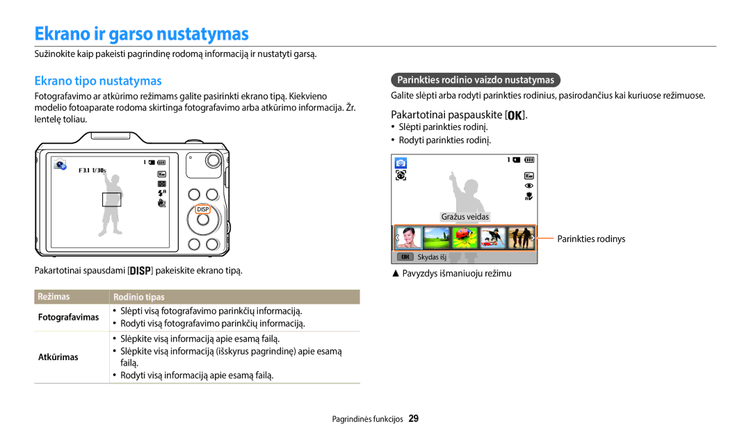 Samsung EC-WB50FZBPBE2 Ekrano ir garso nustatymas, Ekrano tipo nustatymas, Pakartotinai paspauskite, Režimas Rodinio tipas 