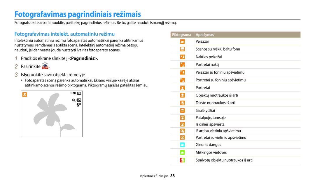 Samsung EC-WB50FZBPBE2, EC-WB50FZBPWE2 Fotografavimas pagrindiniais režimais, Fotografavimas intelekt. automatiniu režimu 