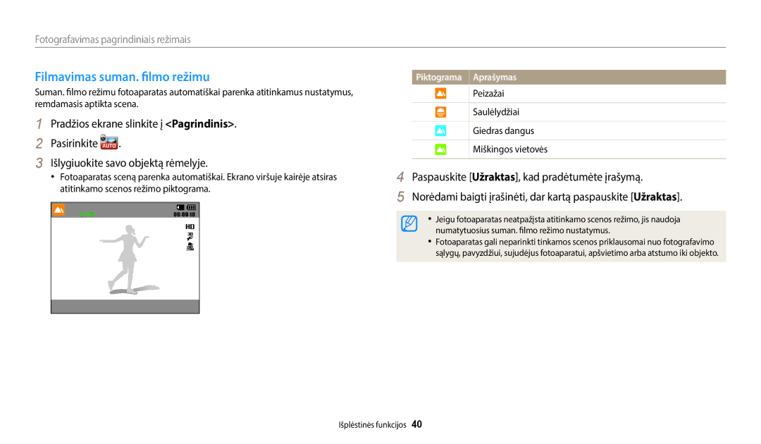 Samsung EC-WB50FZBPRE2 manual Filmavimas suman. filmo režimu, Peizažai Saulėlydžiai Giedras dangus Miškingos vietovės 
