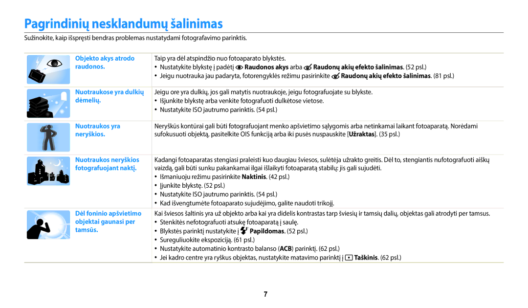 Samsung EC-WB50FZBPRE2 manual Pagrindinių nesklandumų šalinimas, Raudonos akys arba Raudonų akių efekto šalinimas psl 