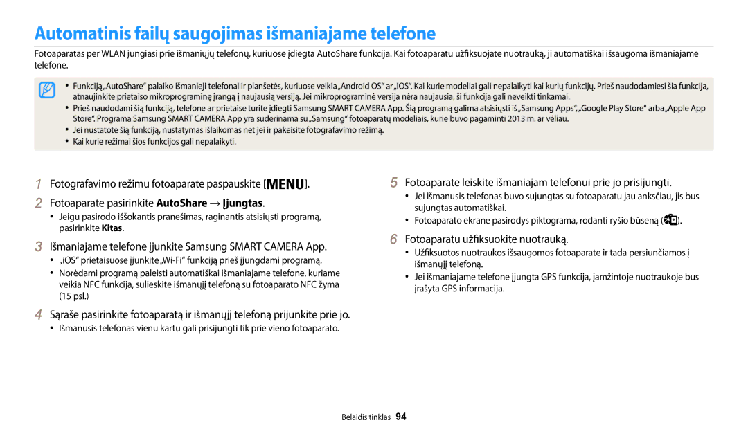 Samsung EC-WB50FZBPRE2 manual Automatinis failų saugojimas išmaniajame telefone, Fotoaparatu užfiksuokite nuotrauką 