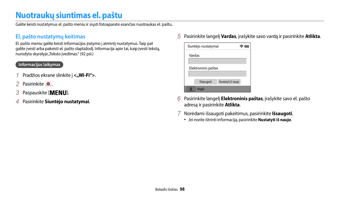 Samsung EC-WB50FZBPBE2 manual Nuotraukų siuntimas el. paštu, El. pašto nustatymų keitimas, Pasirinkite Siuntėjo nustatymai 