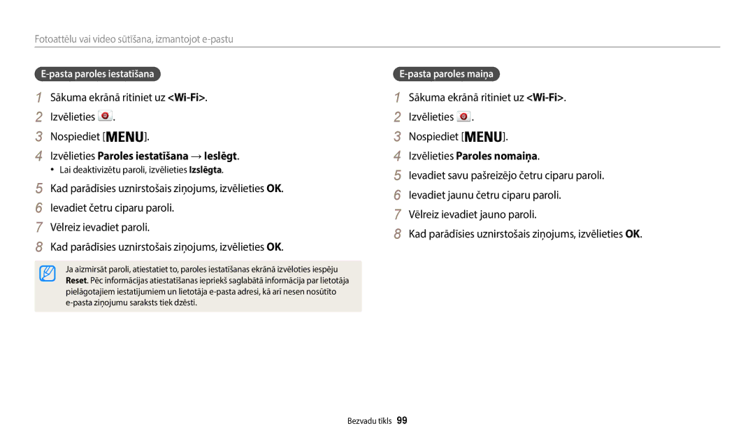 Samsung EC-WB50FZBPWE2 Izvēlieties Paroles iestatīšana → Ieslēgt, Izvēlieties Paroles nomaiņa, Pasta paroles iestatīšana 