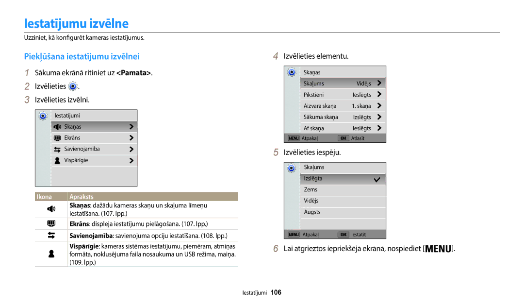 Samsung EC-WB50FZBPRE2, EC-WB50FZBPBE2 manual Iestatījumu izvēlne, Piekļūšana iestatījumu izvēlnei, Izvēlieties elementu 