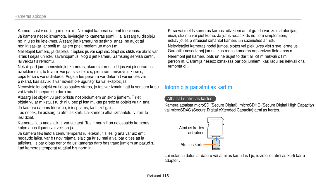 Samsung EC-WB50FZBPRE2, EC-WB50FZBPBE2, EC-WB50FZBPWE2 manual Informācija par atmiņas kartēm, Atbalstītās atmiņas kartes 