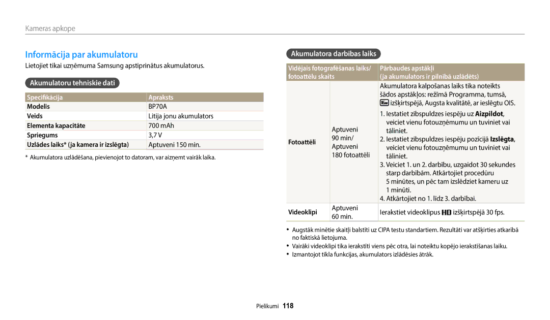 Samsung EC-WB50FZBPRE2, EC-WB50FZBPBE2 Informācija par akumulatoru, Akumulatoru tehniskie dati, Akumulatora darbības laiks 