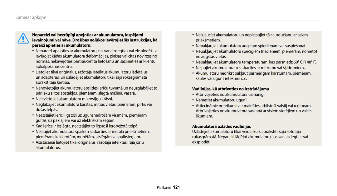 Samsung EC-WB50FZBPRE2, EC-WB50FZBPBE2 manual Vadlīnijas, kā atbrīvoties no izstrādājuma, Akumulatora uzlādes vadlīnijas 